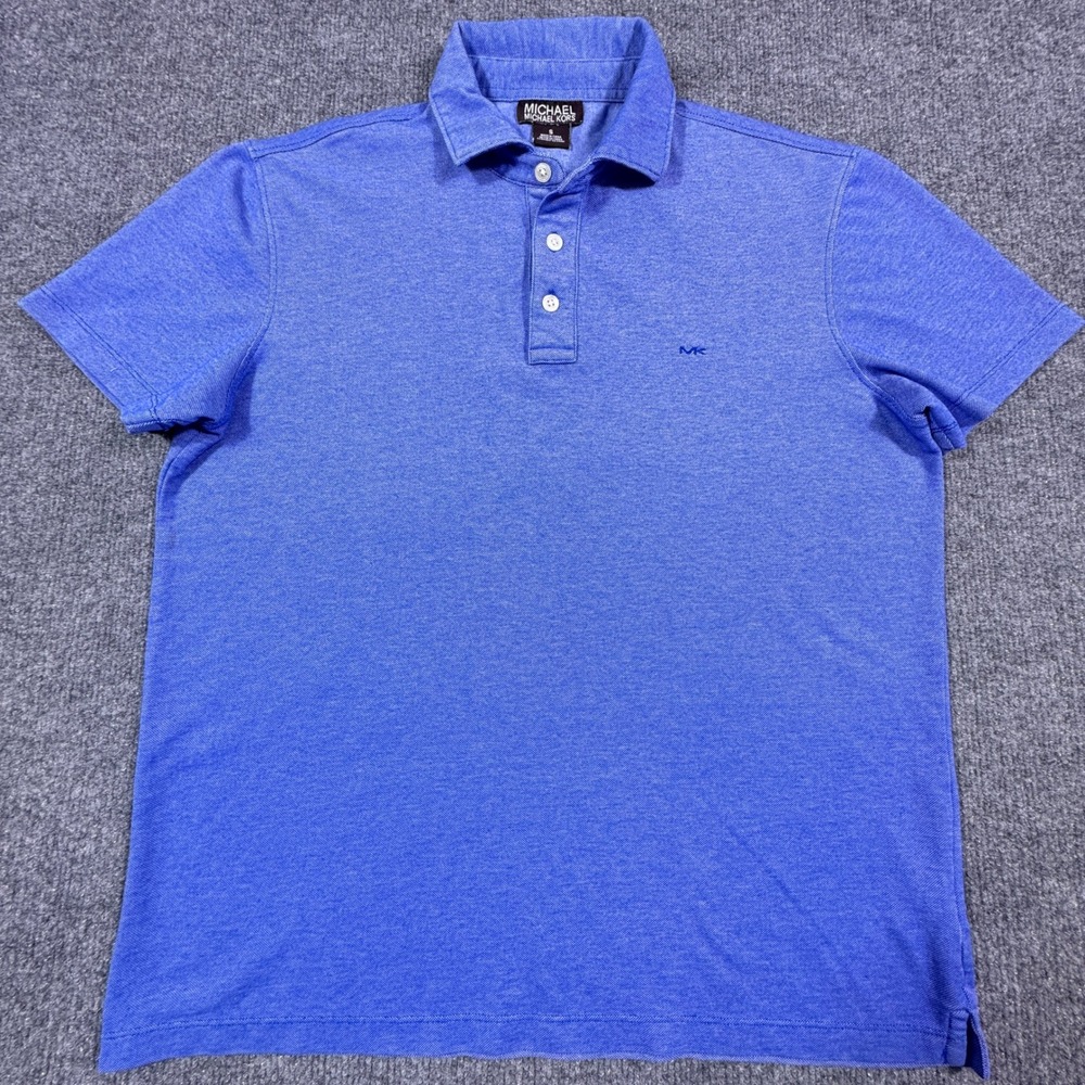 Michael Kors Mens Blue Heather Pique Polo Shirt Short Sleeve MK Logo Small